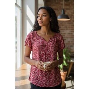 Vintge Red Floral Top, Size 1X, 100% Cotton , Short Sleeve